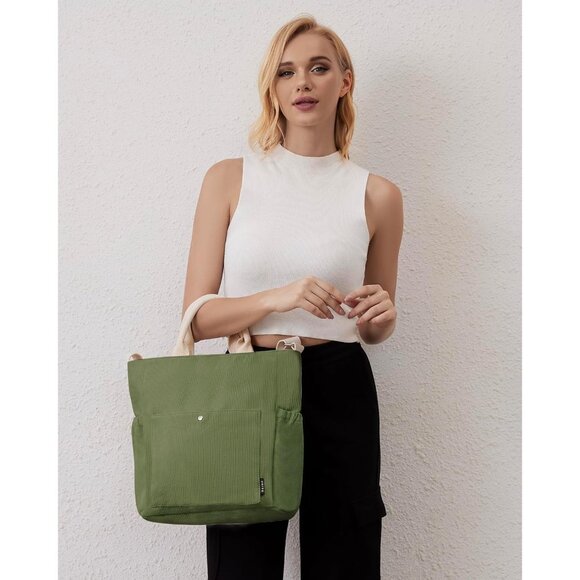 Prite Women Green Corduroy Large Hobo Shoulder Crossbody Tote Bag With Pockets - Picture 6 of 6